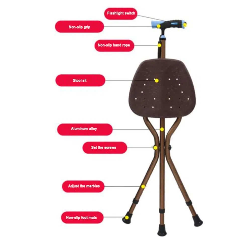 Siège de canne pliable, canne de marche de voyage réglable avec tabouret, canne de marche LED pour personnes âgées, siège de béquille portable, cadeau