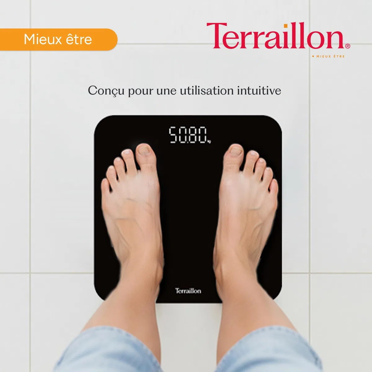 TERRAILLON - Balance Pese personne, Pese personnes électronique Ultra plat 26cm x 26cm, Confort de lecture avec un son grand écran Magic LED, Pesée Jusqu'à 180Kg avec une Précision à 100g, TSQUARE