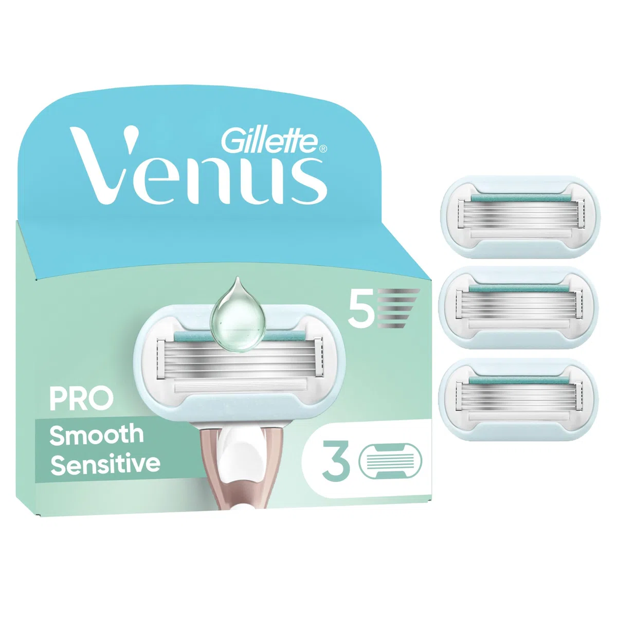 Gillette Venus Lames de Rasoir Femme, 3 Rechanges Pro Smooth Sensitive – Cartouche avec une Bande Lubrifiante, Technologie SkinElixir Conçue pour la Peau Sensible, 1 Recharge Jusqu’à 30 Jours