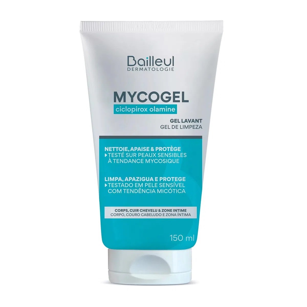 Bailleul | Mycogel | Gel lavant contre les mycoses cutanées | Nettoie, Apaise et Protège | Peaux et muqueuses génitales sensibles à tendance mycosique | Vegan | 150 ml