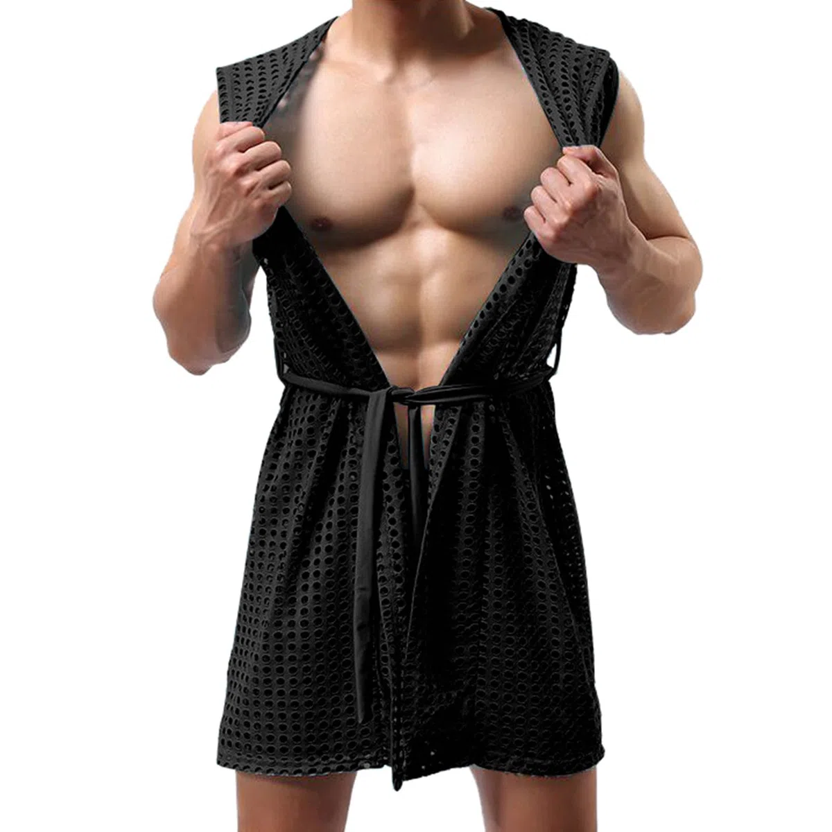 Peignoir col châle pour homme - Maille de pêche - Transparent - Sous-vêtements sexy - Kimono avec ceinture - Léger et confortable - Vêtement de détente érotique - Haut décontracté