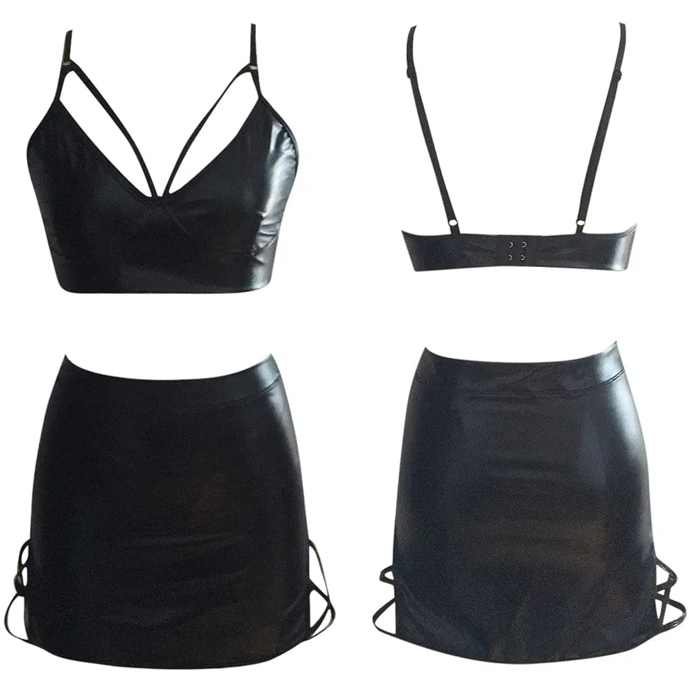 VicSec Tenue sexy 2 pièces en cuir pour femme, bustier steampunk, corset steampunk, mini jupe à lanières, haut court en PVC, robe de soirée, vêtements de nuit, noir
