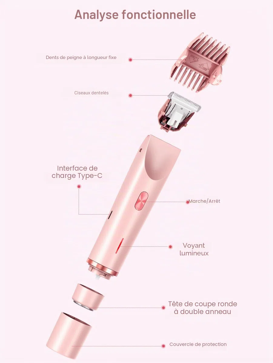 Tondeuse bikini 2 en 1 pour femme - Double tête - Rasoir électrique pour femme - Poils pubiens IPX7 - Étanche - Bikini - Bras aisselles - Jambe - Visage - Corps - Rose
