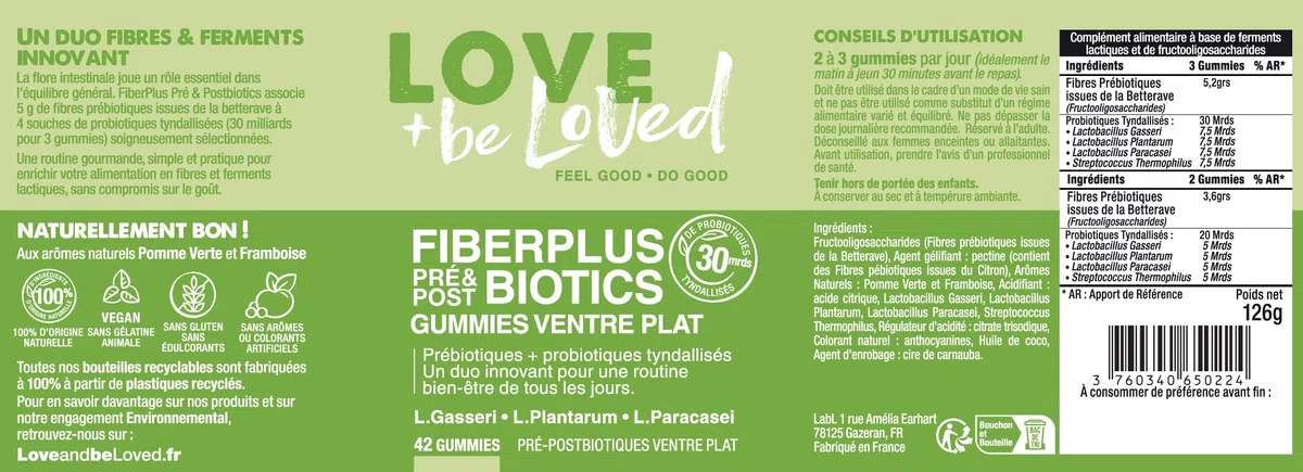 Gummies FiberPlus Ventre Plat – Pré & Postbiotiques – 5g de Prébiotiques FOS + 30 Mds de Probiotiques tyndallisés (L. Gasseri, ...) – 42 gummies – Vegan