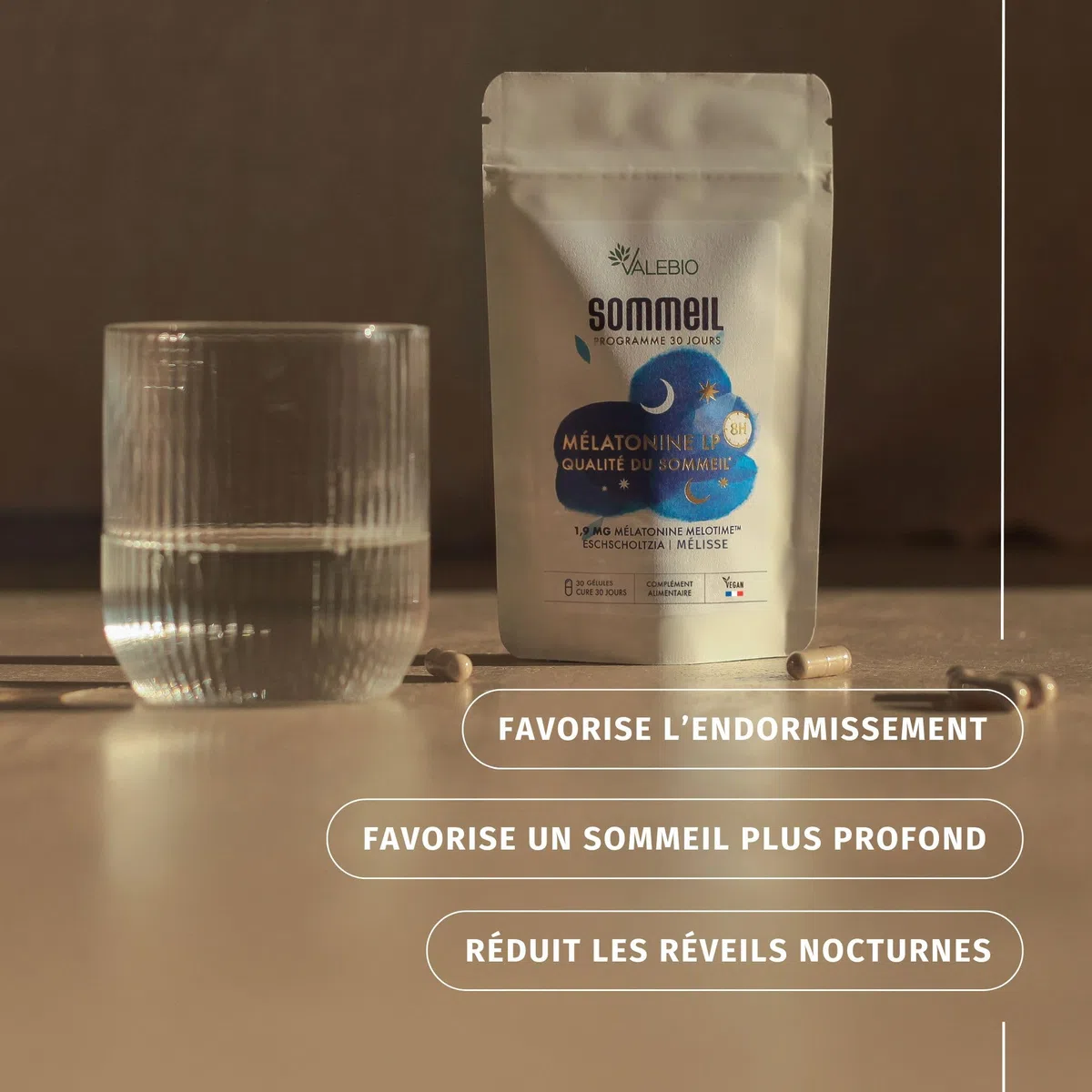 Melatonine LP 1,9 mg I Libération prolongée 8h I Aide à la qualité du sommeil I Mélisse et Eschscholtzia I 30 Gélules I Fabriqué en France I Valebio