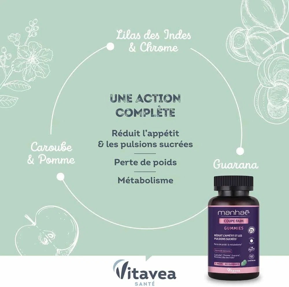 Vitavea - Manhaé - Gummies Coupe Faim sans Sucres - Complément Alimentaire Minceur - Coupe Faim, Satiété, Perte de Poids et Métabolisme - Guarana, Chrome, Caroube - 60 Gummies - 1 Mois