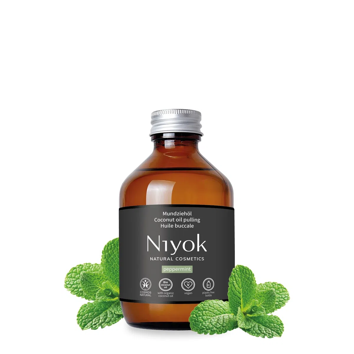 Niyok® Huile de noix de coco bio « menthe poivrée » (200 ml) • Rinçage de bouche aux huiles essentielles • Cure de tirage à l'huile de coco bio contre les caries, le tartre et la mauvaise haleine •