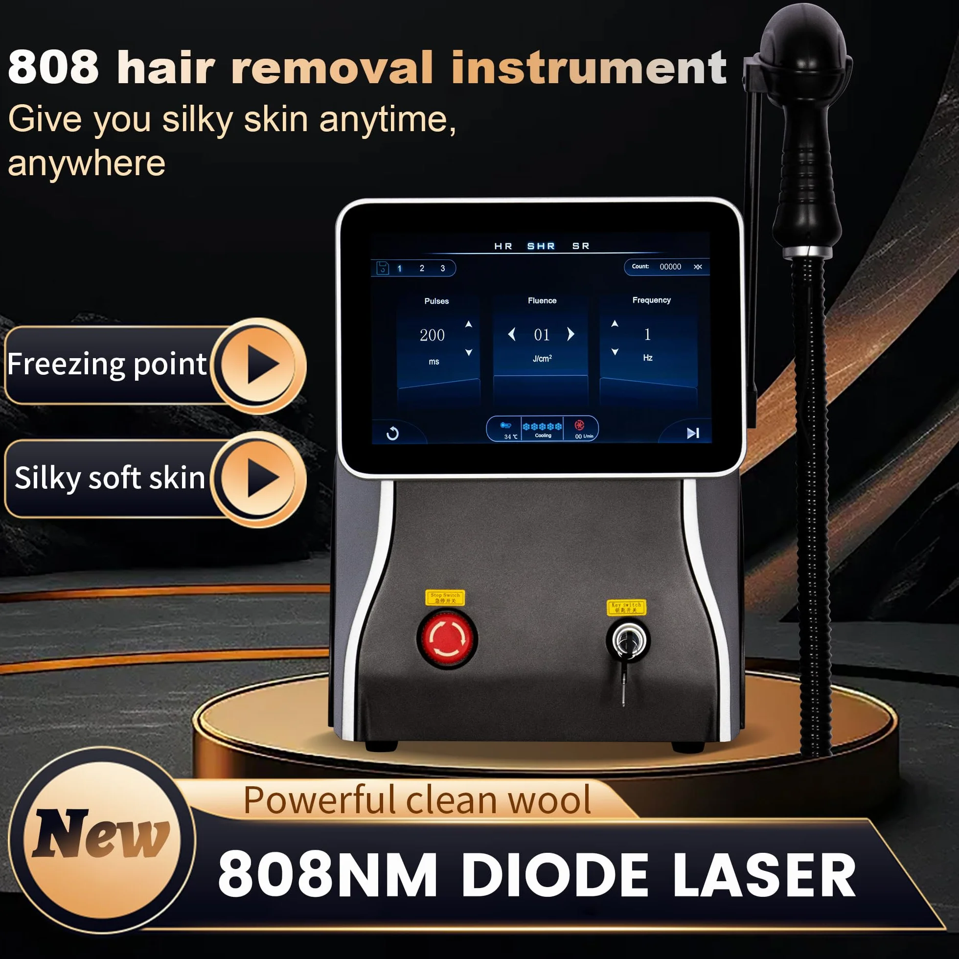 Appareil d'épilation laser diode 808 nm, style institut de beauté professionnel, écran tactile haute définition, refroidissement par points glacés, convient à tout le corps. (noir)