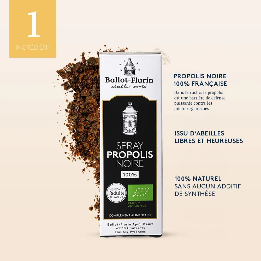 Ballot-Flurin - Spray Propolis Noire - MULTIFONCTIONS : défenses organismes, sensibilité de saisons, bouche, peau -Fabriqué en France - Apiculture Douce - Certifié bio - 15 ml