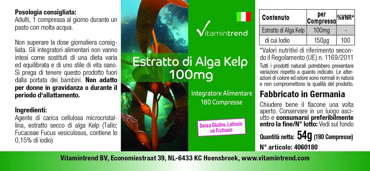 Vitamintrend Extrait de Kelp 100 mg, 180 comprimés, faciles à avaler, iode naturel, complément alimentaire végan sans stéarate de magnésium, fabriqué en Allemagne