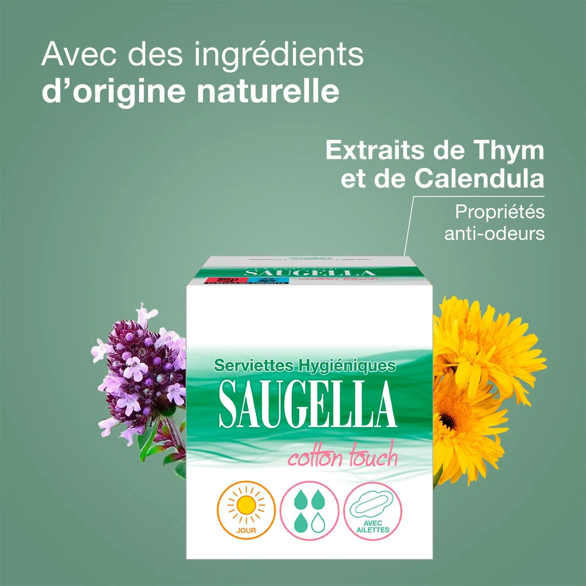 Saugella - Cotton Touch Jour - Serviettes Hygiéniques - Très Absorbantes – Extra-fines - Hypoallergéniques Avec Ailettes - Anti-Odeurs - 56 Serviettes - Lot De 4x14