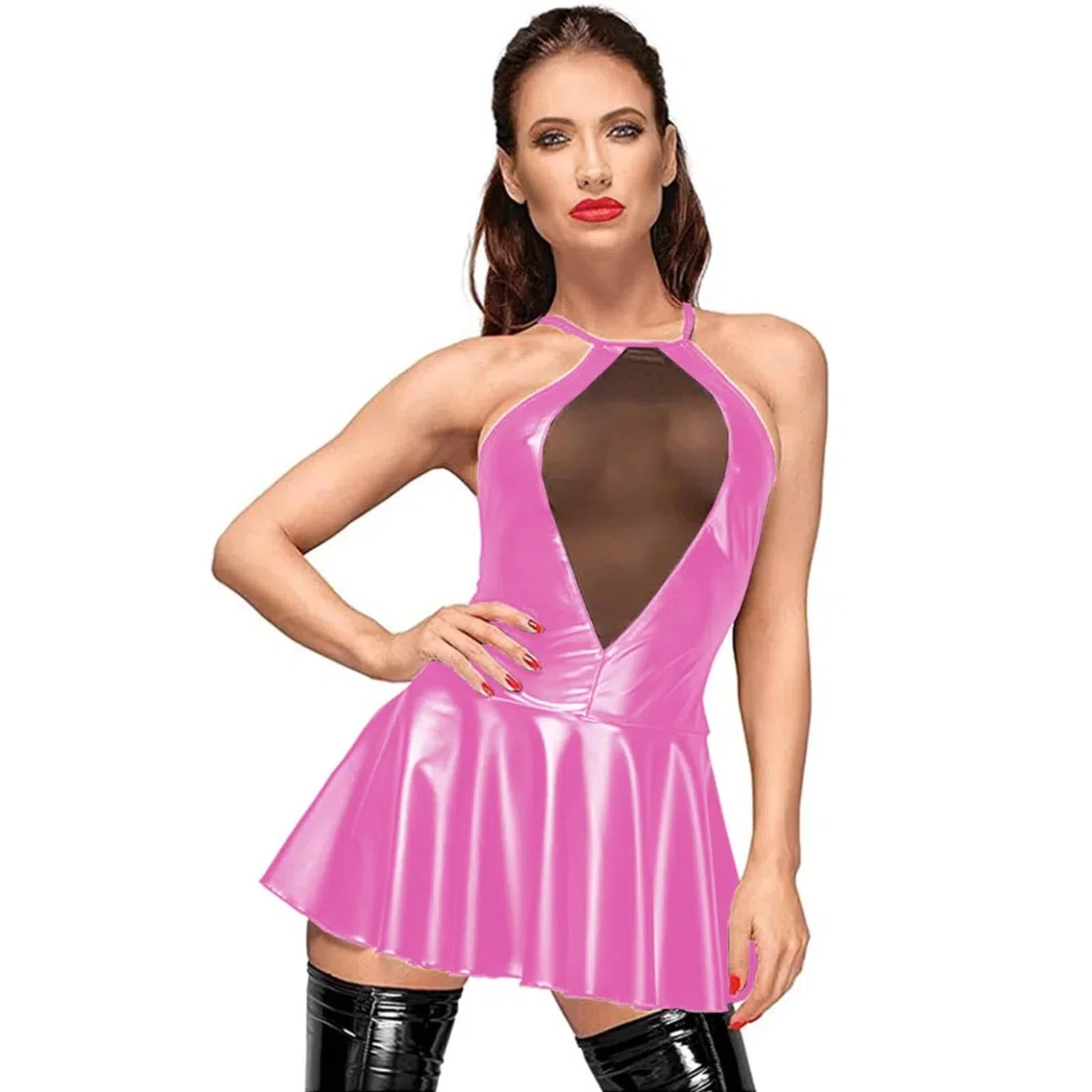 ODITE Sexy Femmes PU Cuir Patchwork Maille fibrShort Robe Cami Sangle Criss-Cross Dos Nu A-Ligne Robes Club fête S-7XL