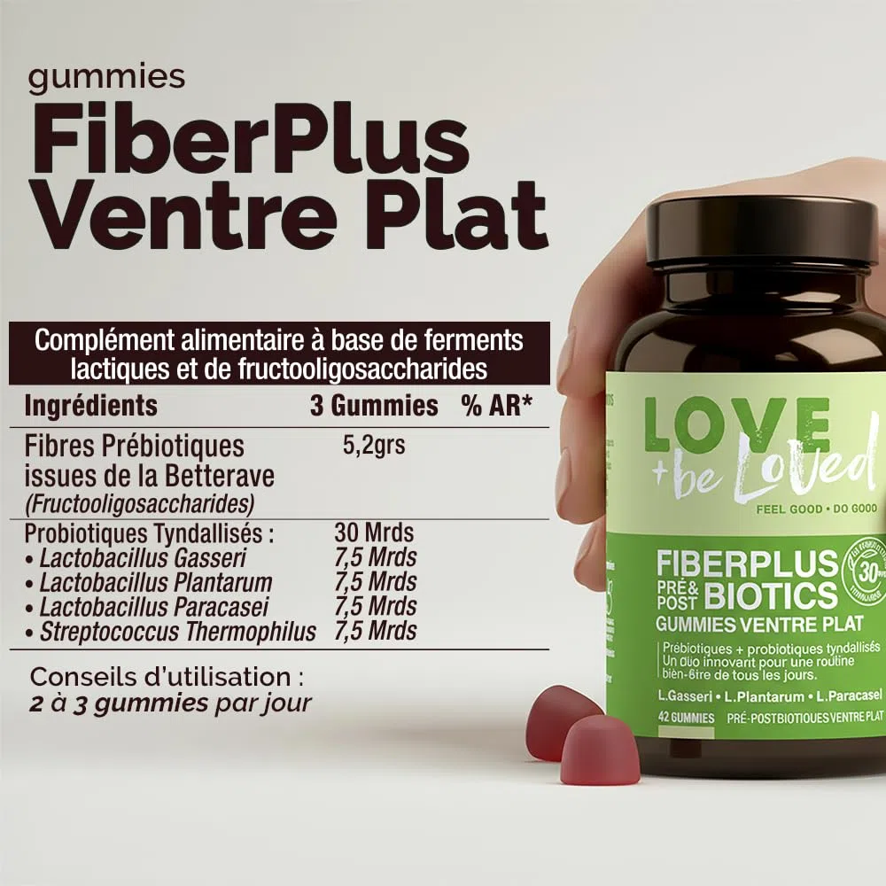 Gummies FiberPlus Ventre Plat – Pré & Postbiotiques – 5g de Prébiotiques FOS + 30 Mds de Probiotiques tyndallisés (L. Gasseri, ...) – 42 gummies – Vegan