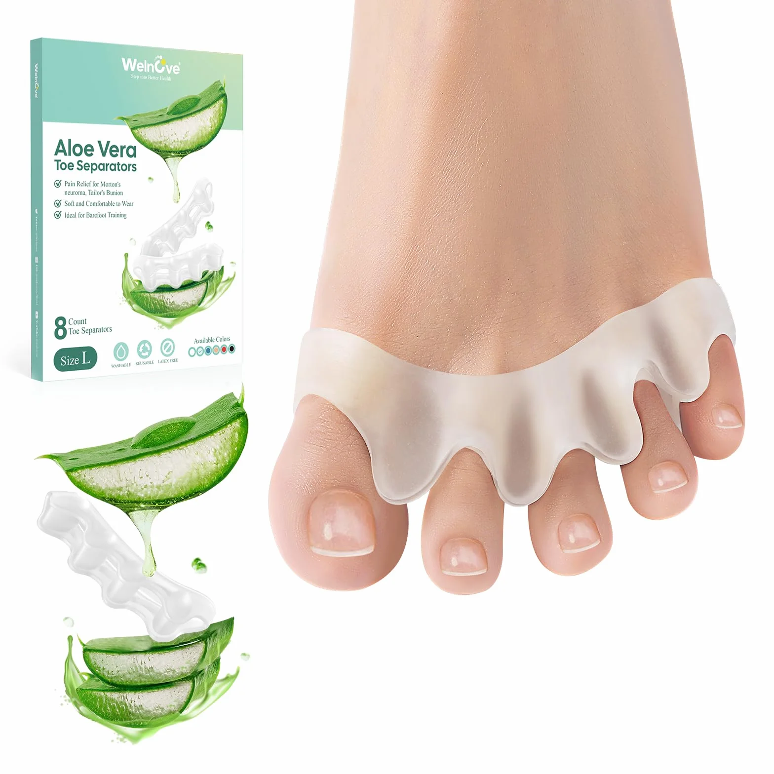 Welnove Séparateurs d'orteils pour corriger les orteils - 8 paquets d'écarteurs d'orteils en silicone pour les pieds des hommes et des femmes (transparent)