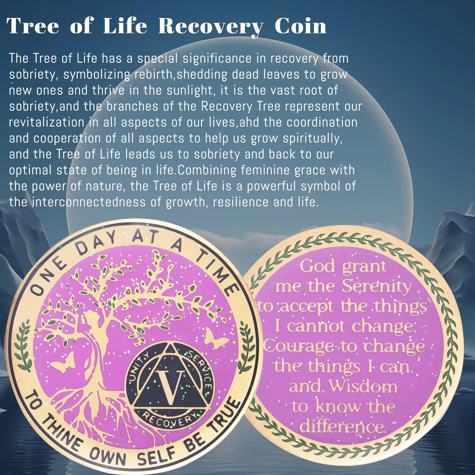 LParkin Pièce de sobriété de 5 ans, pièce de sobriété arbre de vie, pièce AA inspirante, cadeau de sobriété pour femme, jeton d'anniversaire de sobriété, médaillon des alcooliques anonymes