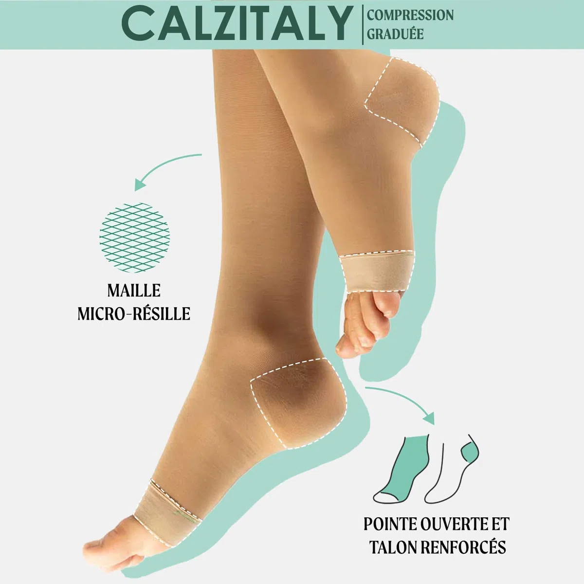 CALZITALY Lot 1/2 Paires Mi Bas de Compression Femme sans Orteils 70 DEN, Chaussettes de Contention Femme 10-14 mm/Hg