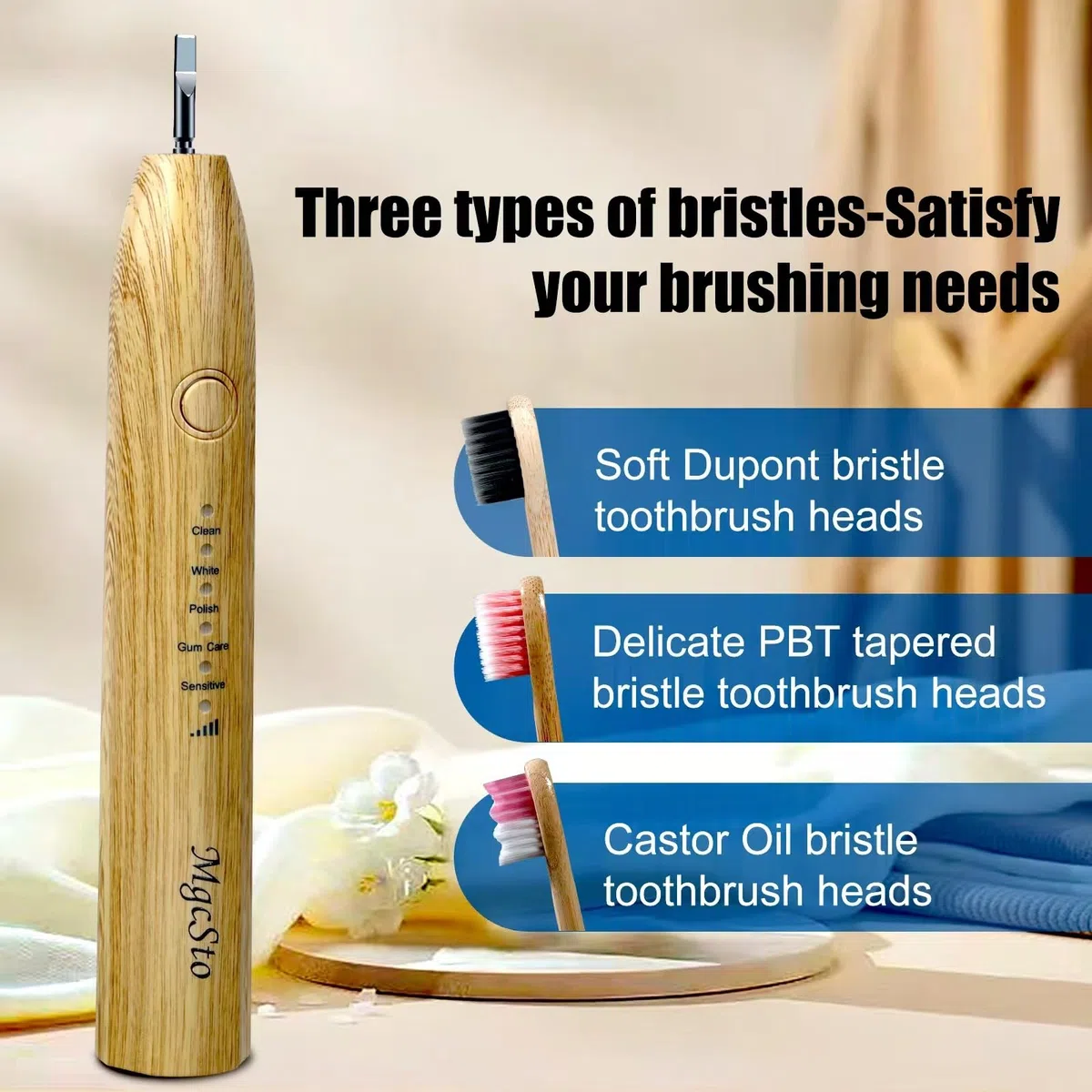 Brosse à dents électrique sonique en bambou – 4 têtes de brosse en bambou remplaçables, respectueux de l'environnement, étanche IPX7, brosse à dents électrique, interrupteur à un bouton, 5