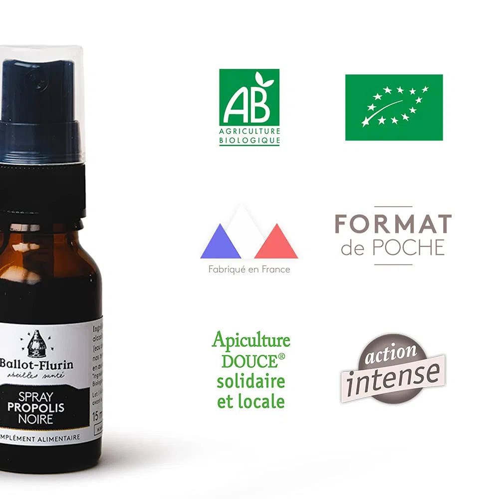 Ballot-Flurin - Spray Propolis Noire - MULTIFONCTIONS : défenses organismes, sensibilité de saisons, bouche, peau -Fabriqué en France - Apiculture Douce - Certifié bio - 15 ml