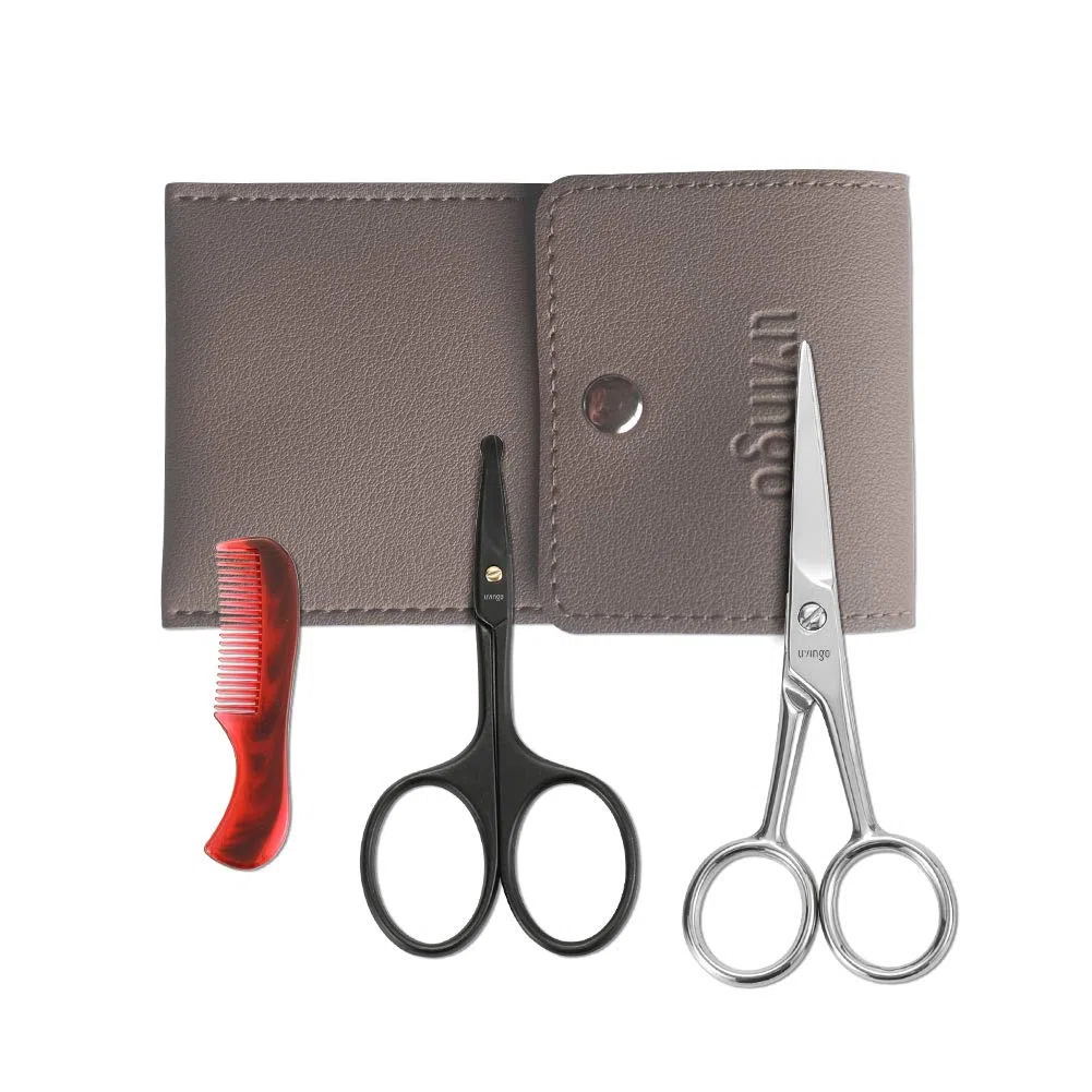 LIVINGO Ciseaux à barbe et moustache pour homme, 11,4 cm, professionnels, pointe arrondie en acier inoxydable, pointue, petite beauté avec mini peigne et étui en cuir