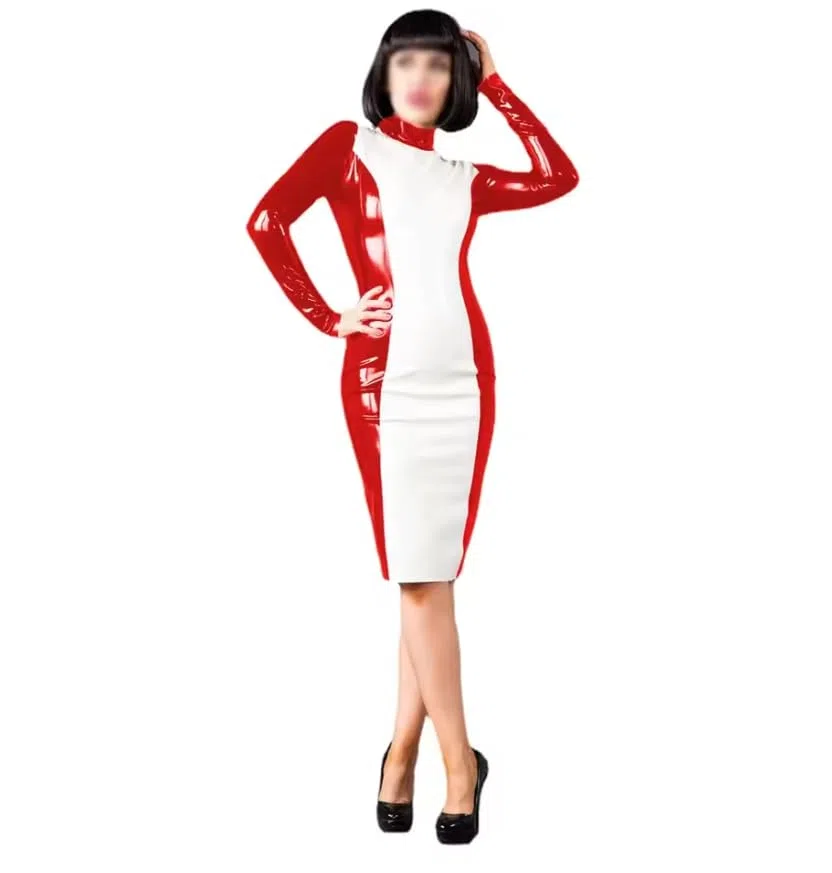 Robe moulante à manches longues en cuir PVC effet mouillé pour femme, Noir , 3XL