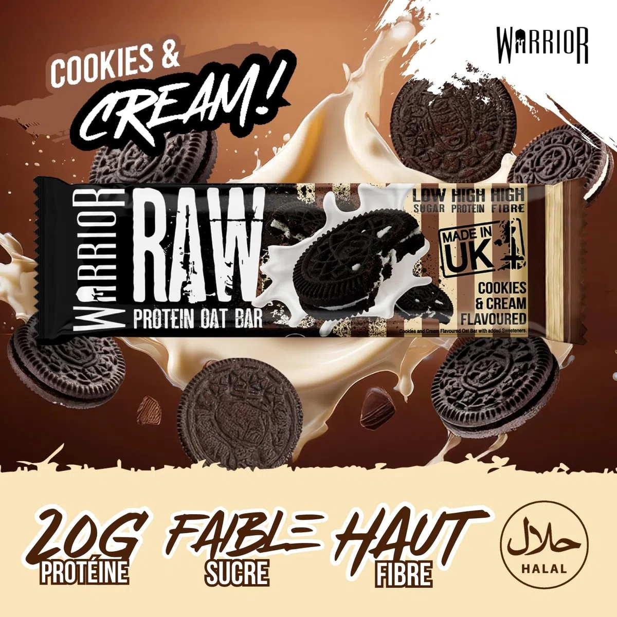Warrior Raw Barre Protéinée 12 x 75 g – Barre Proteine Flocons d'Avoine, Barre Cereales Proteine Riche en Fibres, Barre Protéinée Naturelle avec Prébiotiques – Cookies & Crème