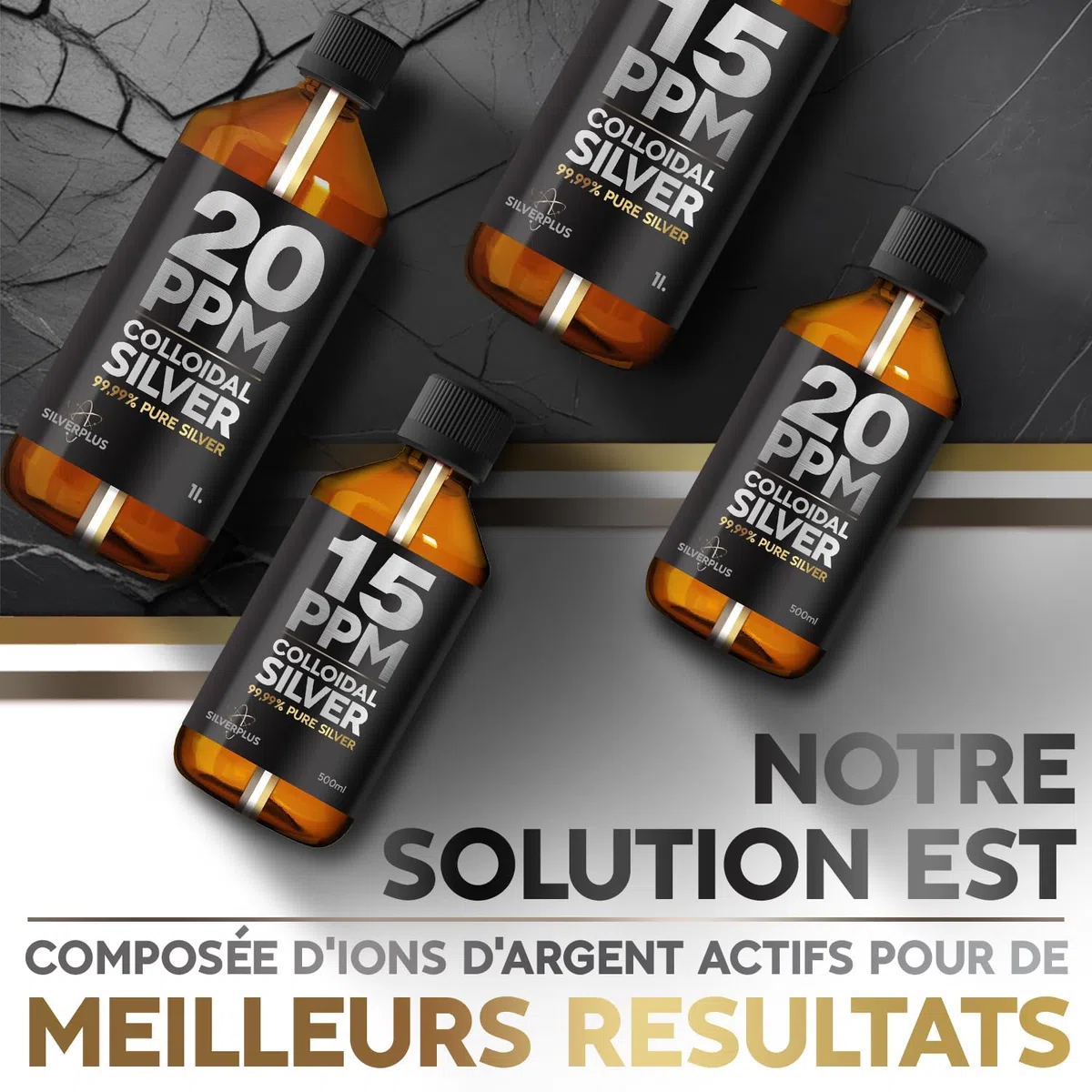Argent Colloïdal 20ppm ● 500 ml ● Fabriqué en France ● Argent pur à 99,99% ● Ions d'argent actifs ● Pour toute la famille ● Laboratoire certifié GMP ● Solution 100% Naturelle ● SILVERPLUS