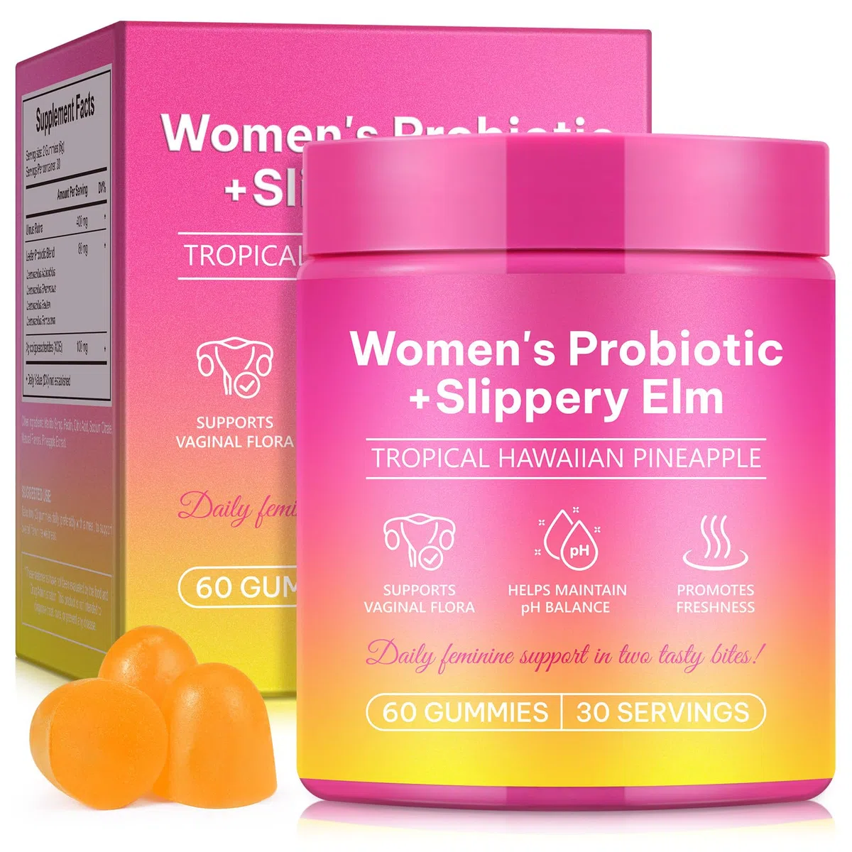 Probiotiques Gummies pour Femmes, Soutien de la Santé Intime et Digestive Grâce aux Prébiotiques, équilibre du pH, Système Immunitaire et Intestinal | Végan, Sans Gluten, Arôme Ananas, 60 Gummies