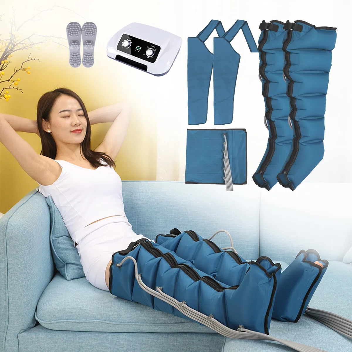 Appareil de massage à compression d'air à 6 cavités pour le corps - Masseur de jambes - Traitement des lèvres - Pressothérapie et drainage lymphatique (6 cavités, 2 jambes + taille + 2 bras)