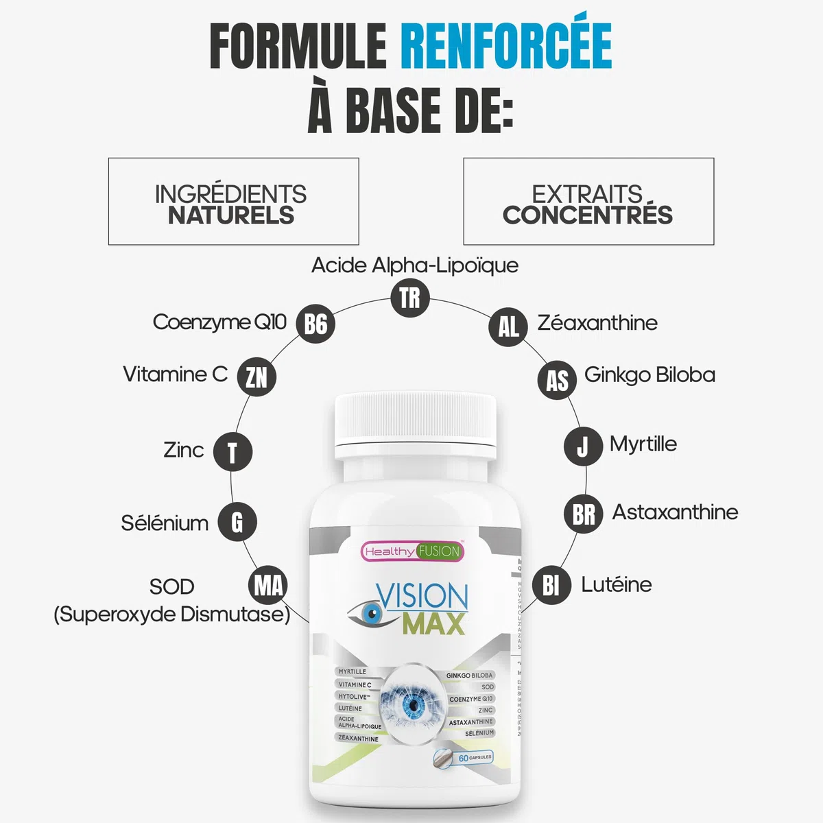 Healthy Fusion VisionMax | Vitamines pour les yeux | Lutéine, Myrtille Ginkgo Biloba | Hydratation oculaire avancée | Réduit la fatigue visuelle et améliore l’acuité | Protection oculaire | 60 gélules