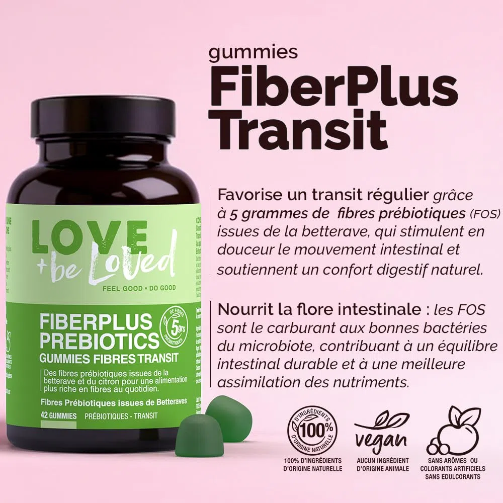 FiberPlus Transit – Gummies Fibres Prébiotiques (jusqu’à 5 g/j) – FOS Betterave – Digestion & Microbiote – 42 Gummies – Poire & Vanille Bio – Vegan