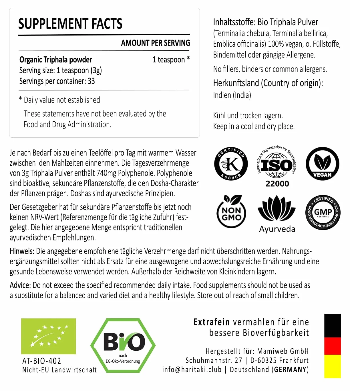Poudre Triphala bio | Qualité supérieure – Moulu extra fin | Testé en laboratoire et certifié bio | Haritaki, Bibhitaki, Amalaki (Amla) | Ayurveda