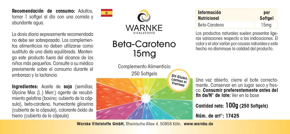 Bêta-carotène 15mg - 250 gélules - 15mg par gélule (correspond à 25 000 UI) - Provitamine A - HAUTEMENT DOSÉ - Qualité pharmaceutique allemande | Warnke Vitalstoffe