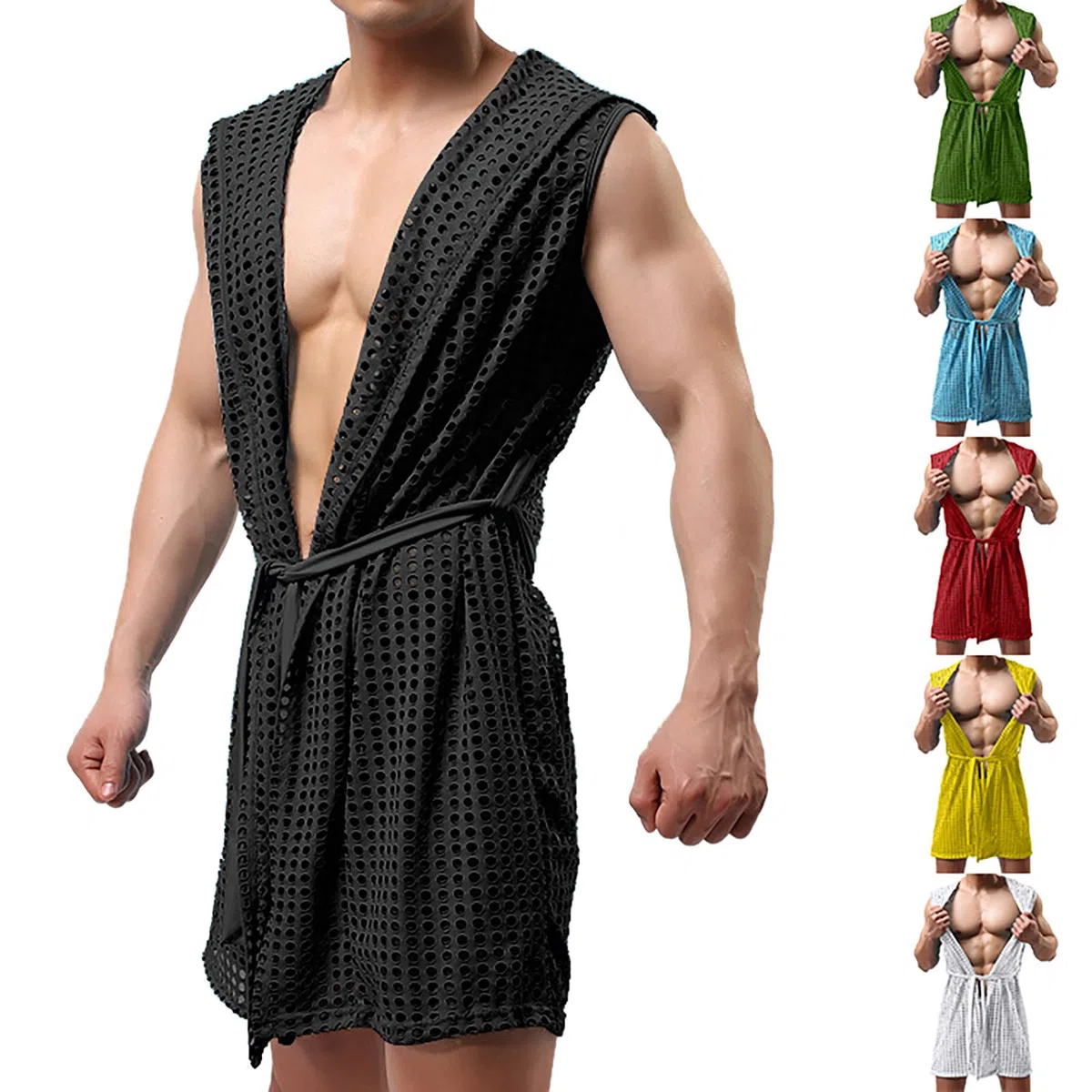 Peignoir col châle pour homme - Maille de pêche - Transparent - Sous-vêtements sexy - Kimono avec ceinture - Léger et confortable - Vêtement de détente érotique - Haut décontracté