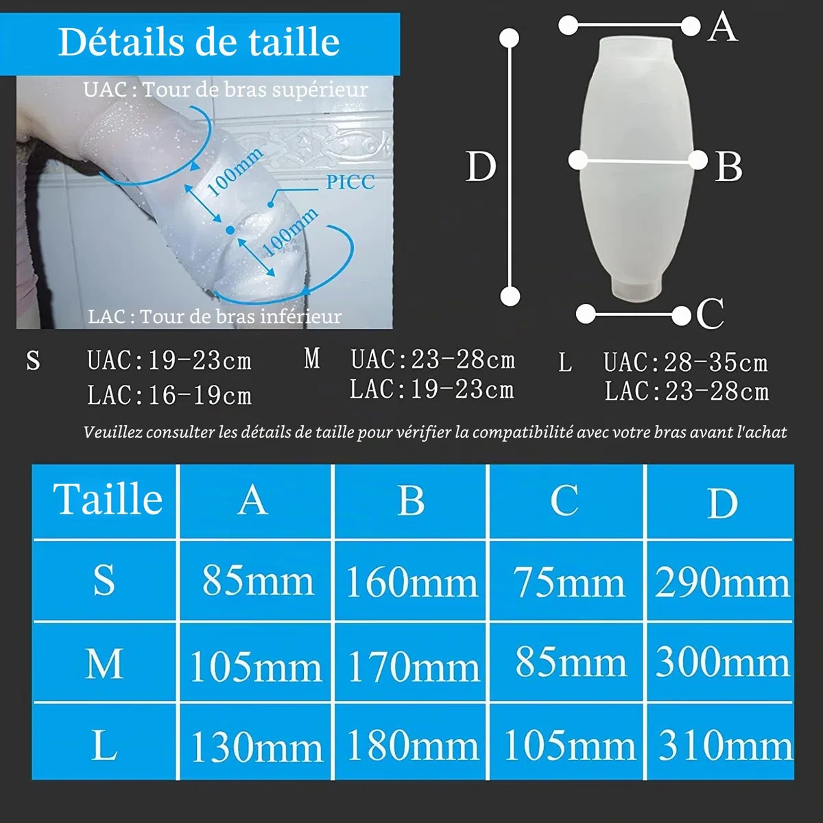 Housse de protection imperméable pour adulte PICC Line pour chimiothérapie, bras central Elbow pour adulte et enfant (S)