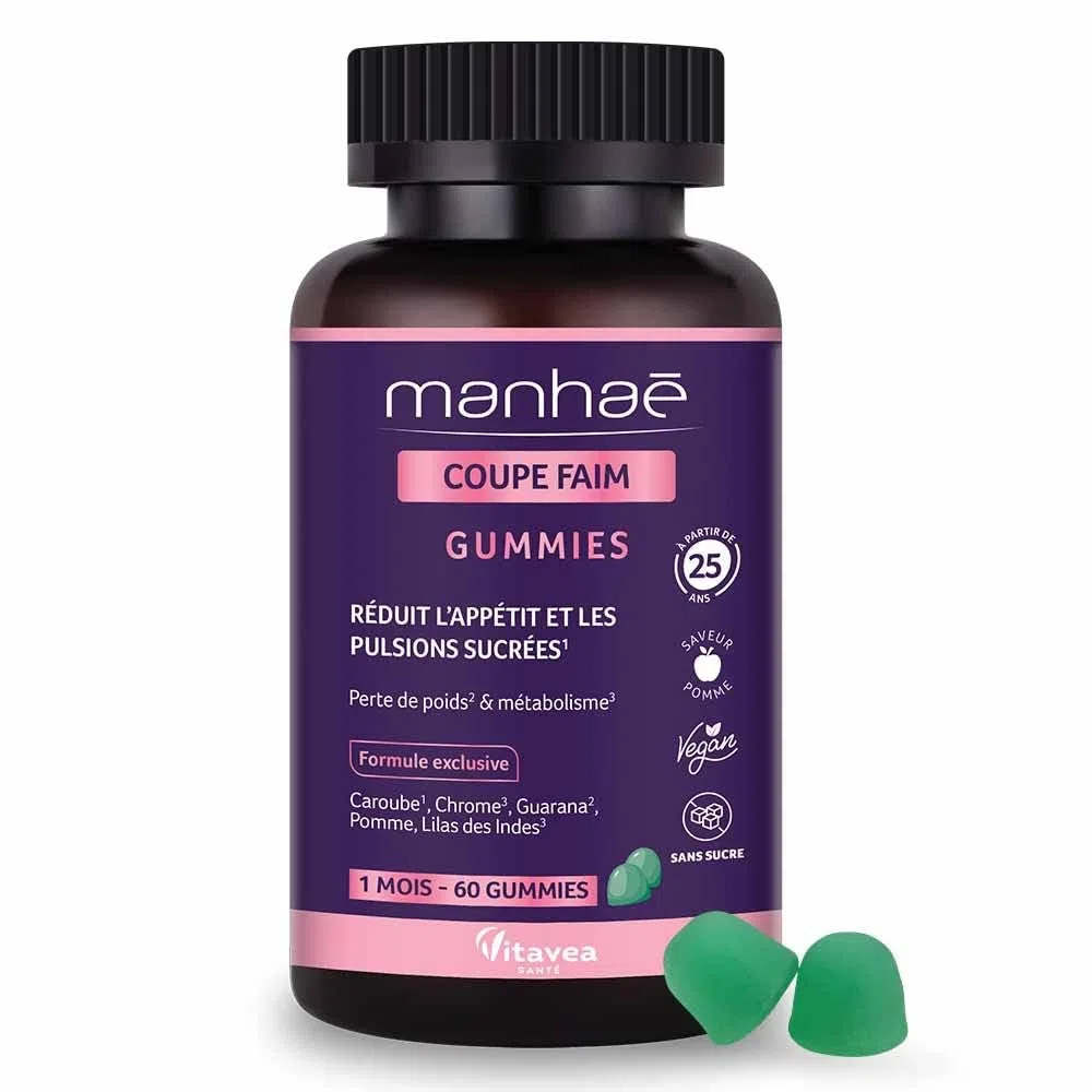 Vitavea - Manhaé - Gummies Coupe Faim sans Sucres - Complément Alimentaire Minceur - Coupe Faim, Satiété, Perte de Poids et Métabolisme - Guarana, Chrome, Caroube - 60 Gummies - 1 Mois