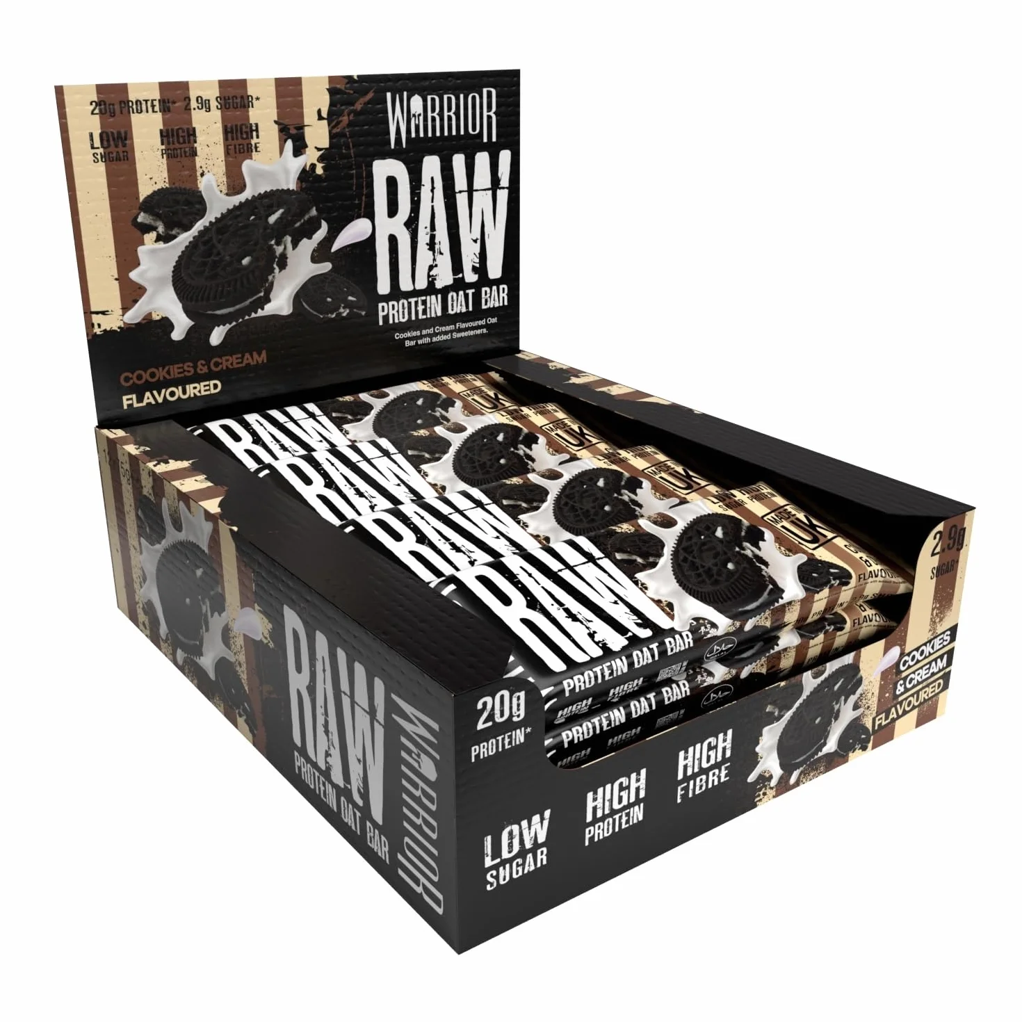 Warrior Raw Barre Protéinée 12 x 75 g – Barre Proteine Flocons d'Avoine, Barre Cereales Proteine Riche en Fibres, Barre Protéinée Naturelle avec Prébiotiques – Cookies & Crème
