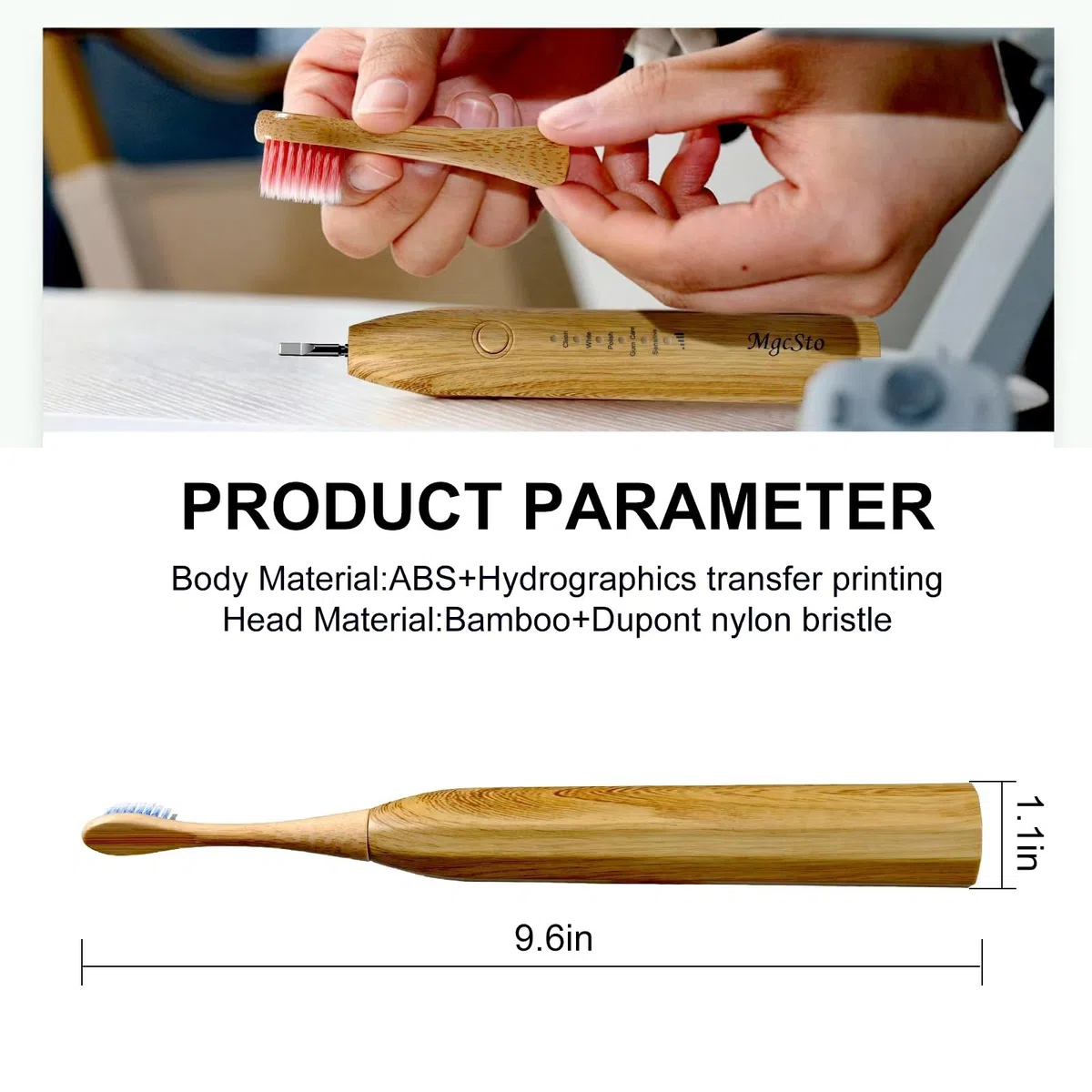 Brosse à dents électrique sonique en bambou – 4 têtes de brosse en bambou remplaçables, respectueux de l'environnement, étanche IPX7, brosse à dents électrique, interrupteur à un bouton, 5