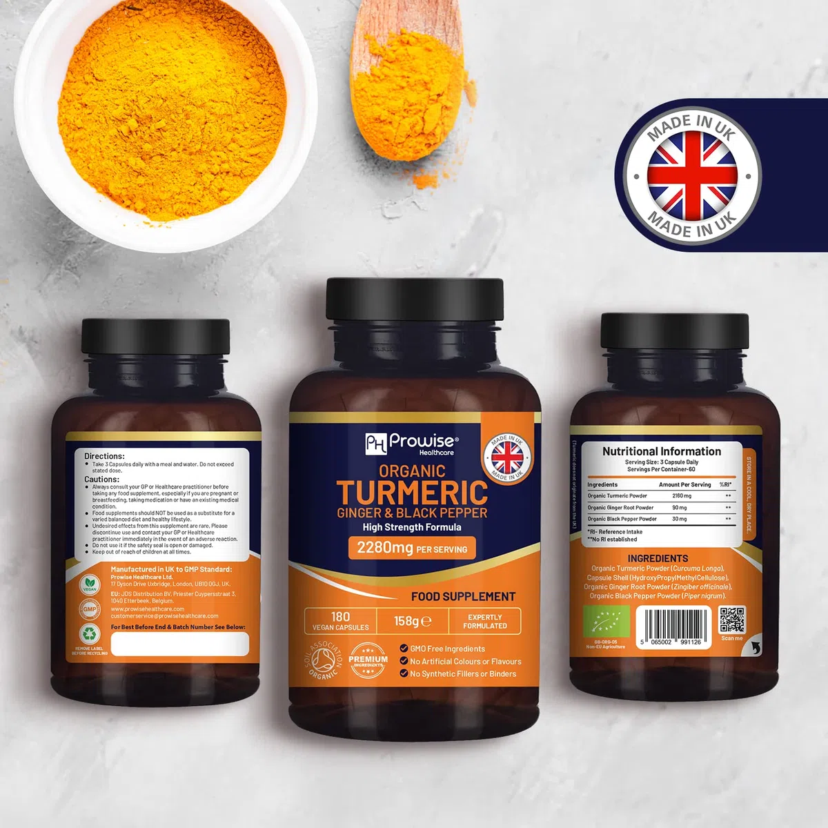 Curcuma bio 2280 mg (haute résistance) avec poivre noir et gingembre - 180 capsules de curcuma végétaliennes avec ingrédient actif curcumine I UK fabriqué par Prowise Healthcare