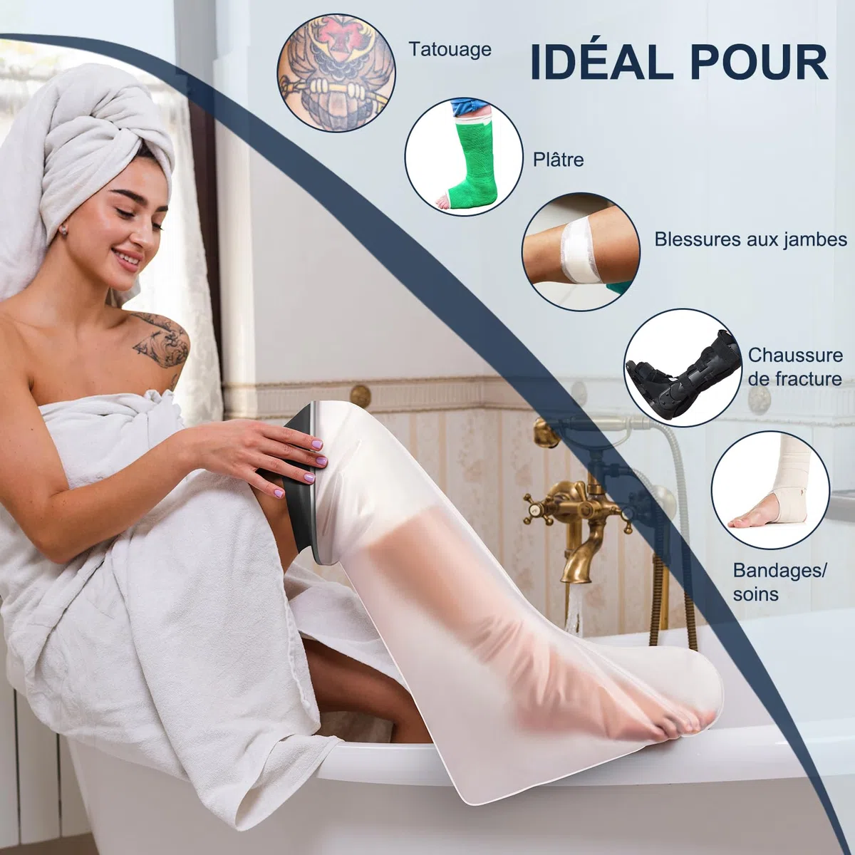 Protection de douche étanche pour la douche et le bain,100% étanche et réutilisable,Protection en plâtre imperméable pour les jambes, doux pour la peau, facile à mettre