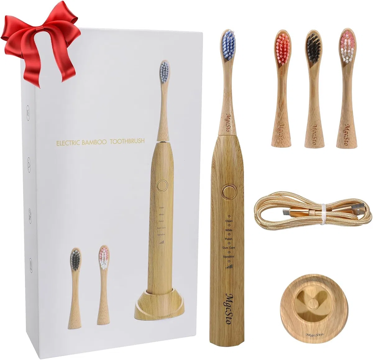 Brosse à dents électrique sonique en bambou – 4 têtes de brosse en bambou remplaçables, respectueux de l'environnement, étanche IPX7, brosse à dents électrique, interrupteur à un bouton, 5