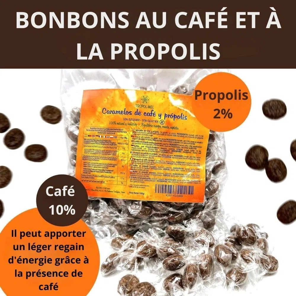 Propol-Mel - Bonbons au Café et au Propolis 500g | Sans Sucre | Sans Gluten | Artisanaux d'Espagne | Soin Buccal et de la Gorge | Café Intense et Propolis | Pour la Mauvaise Haleine