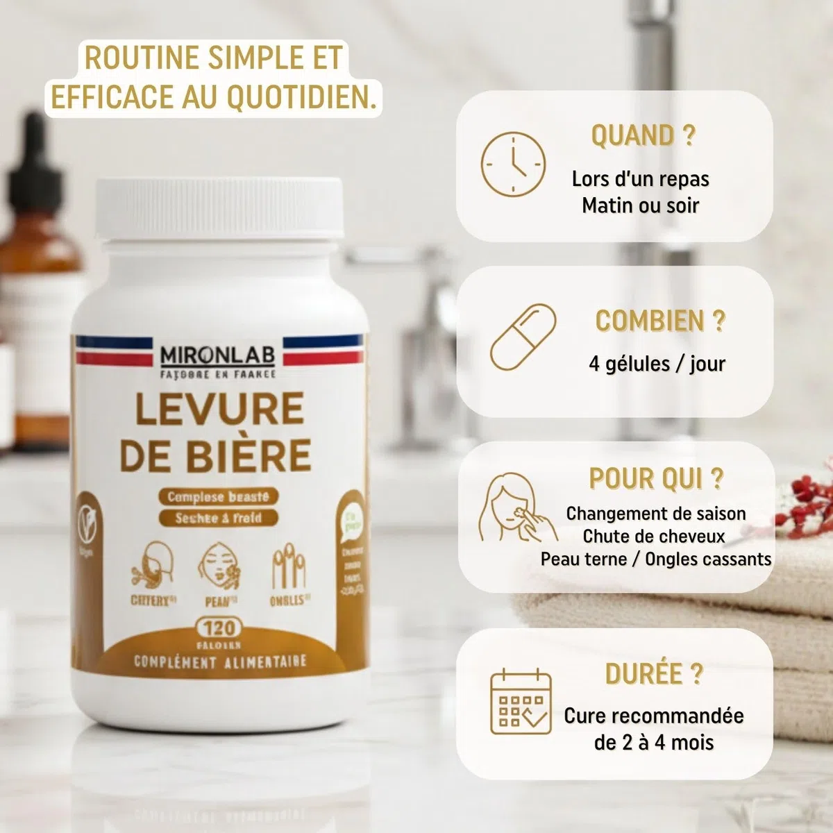 Levure de Bière Active - Pousse Cheveux - Haut Dosage 1640mg - Testé - Enrichi Vitamines & Minéraux - Complément alimentaire Peau & Ongles - 120 gélules/1 mois - Laboratoire Français MIRONLAB