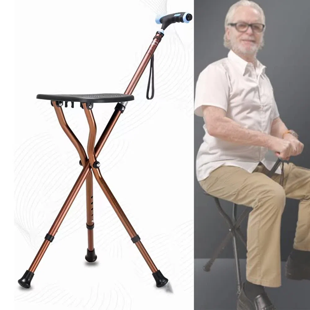 Siège de canne pliable, canne de marche de voyage réglable avec tabouret, canne de marche LED pour personnes âgées, siège de béquille portable, cadeau