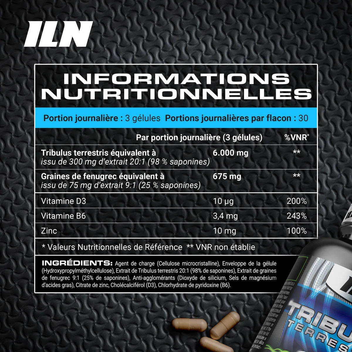 ILN - Tribulus terrestris puissant en gélules pour femmes et hommes - Équivalent 6000 mg, 98% de saponines, extrait 20:1, 90 gélules végétariennes