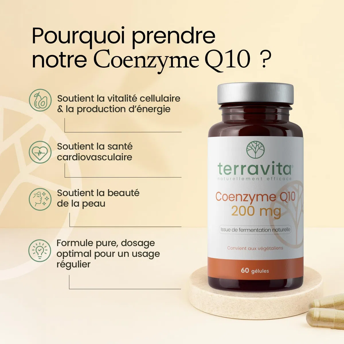 COENZYME Q10 Pure | 200 mg d’Ubiquinone Stable par Dose | Antioxydant Puissant pour Effet Anti-âge | Biodisponibilité Maximale | Fermentation Naturelle | 60 Gélules | Made in France | Terravita
