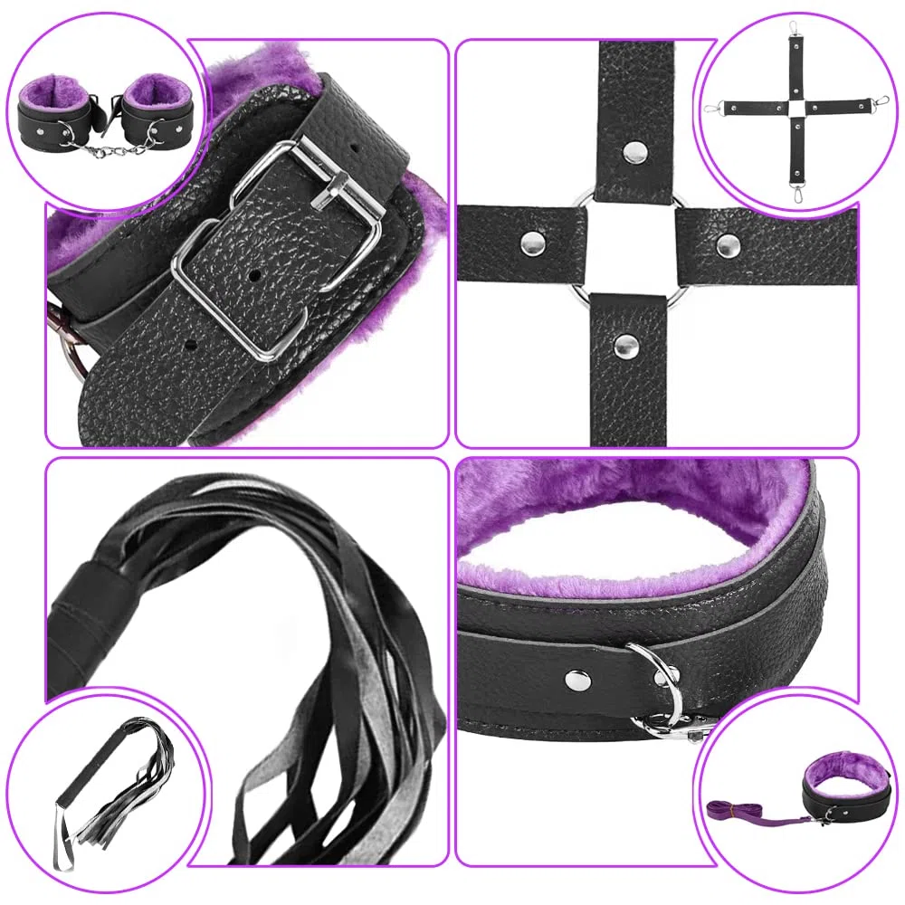 Qoosea Kits de Bondage 15 Pièces SM Set Adultes Toy Ensemble de Servitude BDSM Parfait pour Les Débutants, Ensemble de Jouets Sexuels Menottes Masque pour Les Yeux Laisse Pour Couple（Violet Noir）
