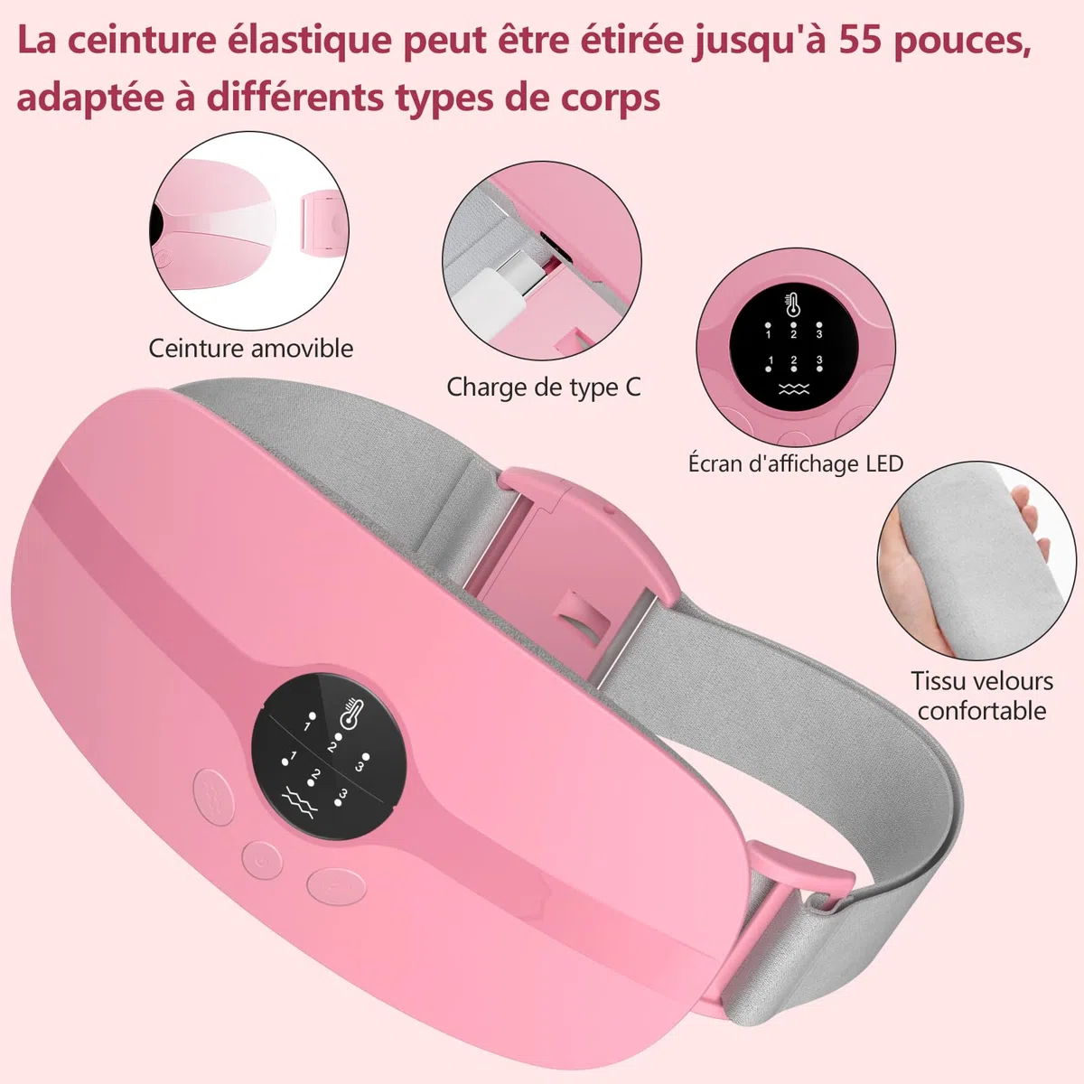 Ceinture Chauffante Regle Douloureuse Menstruelle, Coussin Chauffant Menstruel Portable 3 Niveaux Température 3 Modes de Massage Pour le Soulage Douleurs Menstruelles Lombair Dos Rose