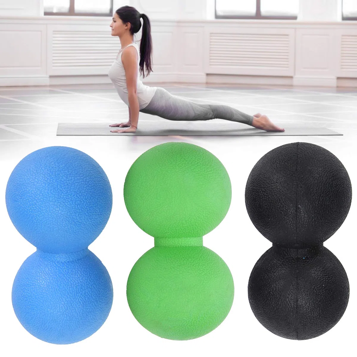 Lot de 3 Balles de Massage de Yoga TPR pour la Relaxation Musculaire et le Soulagement de la Douleur, Outil de Fitness Portable pour les Employés de Bureau et les Athlètes (noir + vert +