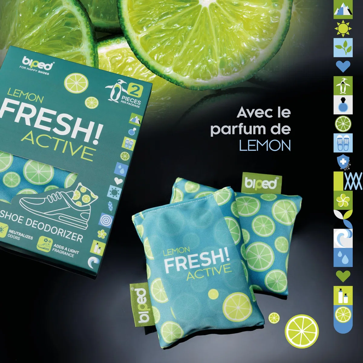 biped FRESH! ACTIVE – Déodorant pour chaussures avec charbon actif de bambou – coussin parfumé ou version PURE sans huile – contre la transpiration et les mauvaises odeurs z2926(LEMON)