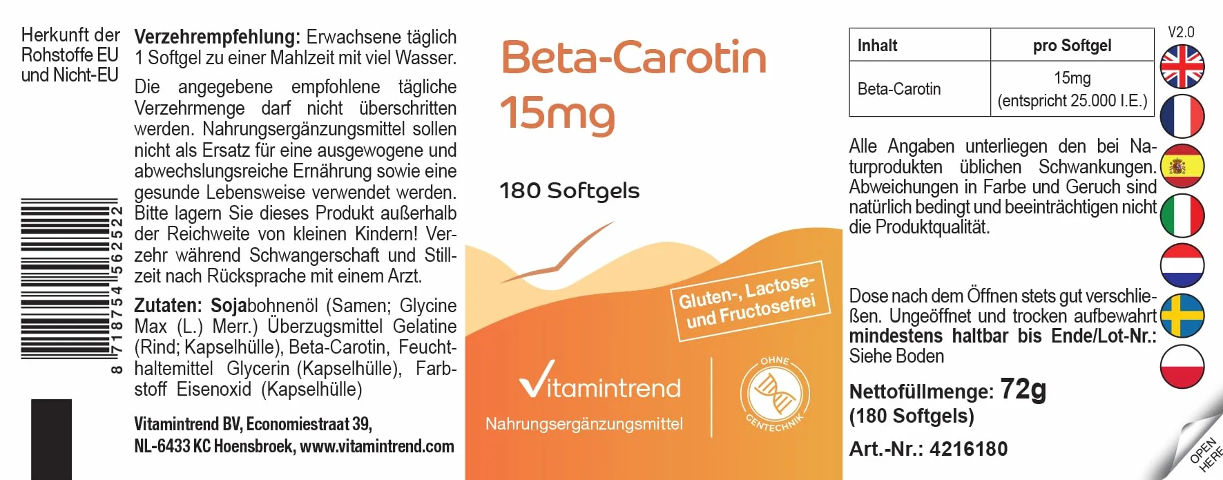 Vitamintrend Bêta-carotène 15 mg, 180 capsules molles de 15 mg chacune (équivaut à 25 000 UI), hautement dosé, sans stéarate de magnésium, fabriqué en Allemagne